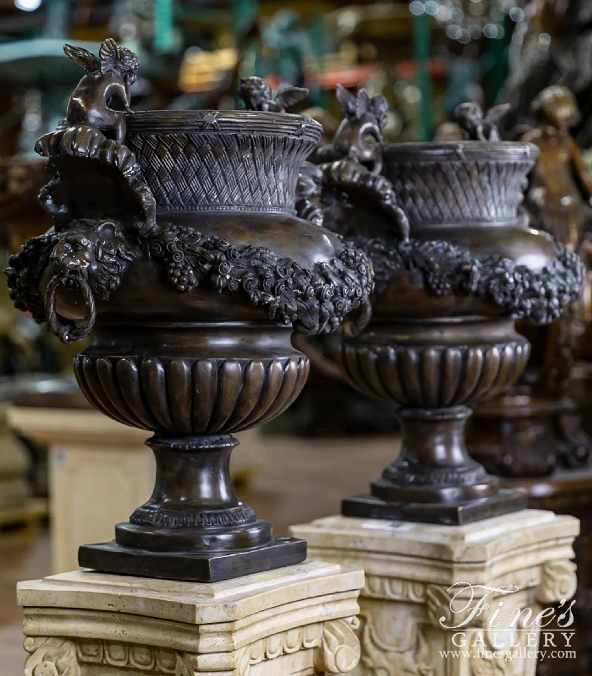 Bronze Planters - Cherub Lion Planter Pair In Classic Bronze - BP